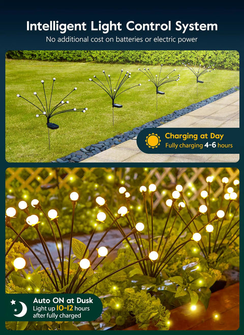 4 Pack Solar Garden Lights With 48 LED Firefly Lights, 2 Lighting Modes, Swaying In The Wind, glowing in a garden setting