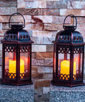 Two Pack Bronze Solar Lanterns With Ornate Retro Hanging Design, Outdoor LED Flickering Candle Lights, 6.6x6.6x10.6 Inches