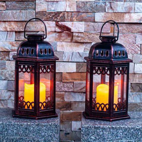 Two Pack Bronze Solar Lanterns With Ornate Retro Hanging Design, Outdoor LED Flickering Candle Lights, 6.6x6.6x10.6 Inches