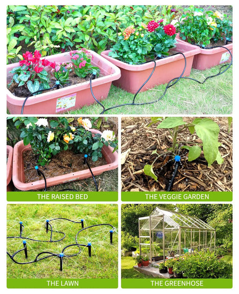 50Ft Drip Irrigation Kit DIY Plant Watering System with 8x5mm Tubing and Adjustable Emitters in garden and greenhouse setup
