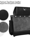 Heavy Duty Full Grain Leather Tool Belt For Men with black and gray pocket detail, ideal for framers and electricians.