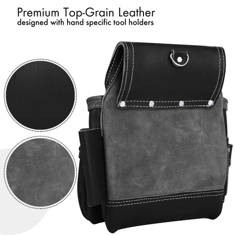 Heavy Duty Full Grain Leather Tool Belt For Men with black and gray pocket detail, ideal for framers and electricians.