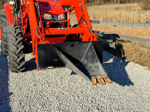 Stump Bucket For Tractors And Skid Steers Up To 105 HP With Bi Directional Ripping Edge attached to a red tractor on gravel