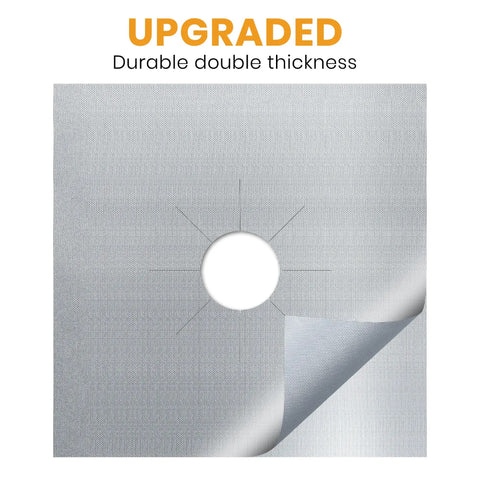 Gas Stove Burner Covers Heat Resistant Reusable Burner Liners For No Mess Cleanup And Spill Prevention Easy To Clean Stove Top Protectors For Kitchen Gas Ranges 8 Pack Silver, showing upgraded double thickness detail in silver.