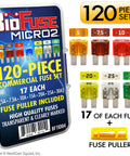 Auto Micro2 Fuse Kit 120 Piece With Fuse Puller 5A 7A 10A 15A 20A 25A 30A Color Coded 2 Blade Fuses Transparent Nylon Housings