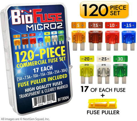 Auto Micro2 Fuse Kit 120 Piece With Fuse Puller 5A 7A 10A 15A 20A 25A 30A Color Coded 2 Blade Fuses Transparent Nylon Housings
