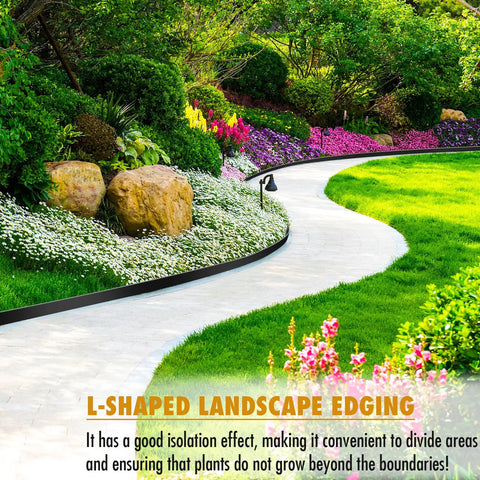 4 Inch Tall Landscape Edging 80 Foot Roll With 90 Anchoring Spikes And 5 Connectors for garden border along curved pathway.
