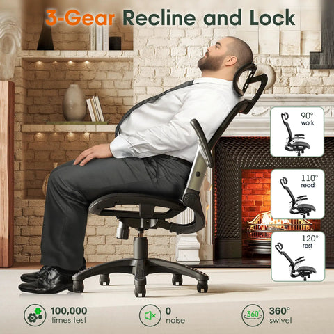 Man reclining in Ergonomic Office Chair With High Back And Headrest, Flip Up Armrests, 90 To 120 Degree Tilt Lock, Black Task Chair