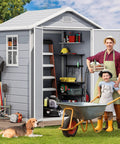 Sturdy 6x4.4 Ft Outdoor Resin Storage Shed With Reinforced Floor Lockable Door Window And Vent All Weather Bike And Tool Storage For Garden Backyard Patio And Lawn with tools inside, child in front with wheelbarrow, and dog on grass.
