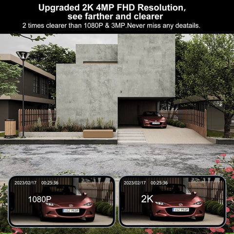 Comparison of 1080P and 2K resolution view from 2K Wireless Outdoor Security Camera With Spotlight, showcasing video clarity.