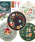 Beginner Friendly Embroidery Kit With 4 Pre Printed 12x12 Cloths, 7.8 Inch Hoop, colorful thread, scissors, and guide.