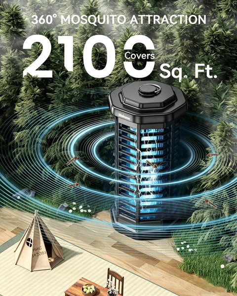 Outdoor Bug Zapper 4000V Electric Mosquito Zapper with 15W UV Light in a forest setting covering 2100 sq ft, shown in black.