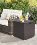 72 Gallon Outdoor Storage Box With Waterproof Zippered Liner And Gas Strut, placed on patio next to outdoor sofa