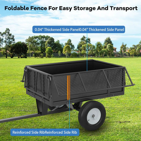 Heavy Duty 750 Lbs Utility Dump Cart for Lawn Tractors and ATVs with removable sides, shown in a grassy field