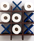 Tic Tac Toe Toilet Paper Holder Dope Wall Mounted Storage for Bathroom Decor displaying rolls and blue X's in game style.