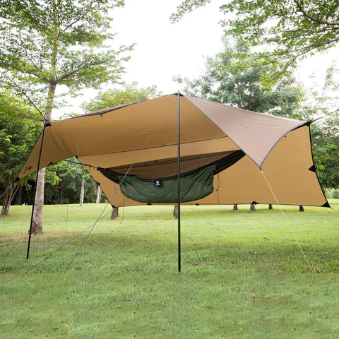 Bulwark Camping Tarp Rain Fly 12.8 Ft By 9.5 Ft Tough As Nails Ultra Waterproof 210T Polyester Shelter with hammock setup