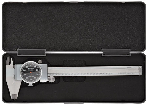 Dial Caliper With 0-6 Inch Range, Precision To 0.001 Inch in protective case, shows knurled lock and black body, ideal for machinists and DIY pros.