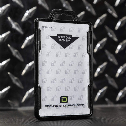 RFID Blocking Secure Badge Holder Duolite 2 Card ID Holder, heavy duty hard plastic, polycarbonate, black, front view.