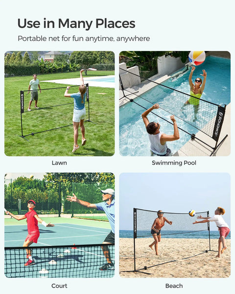 10 Ft Badminton Net With Height Adjustable Poles And Clear Height Marks For Badminton Tennis Beach Volleyball And Pickleball Foldable Nylon Net Portable Indoor Outdoor Court Setup With Carry Bag Black, used in lawn, swimming pool, court, and beach settings.