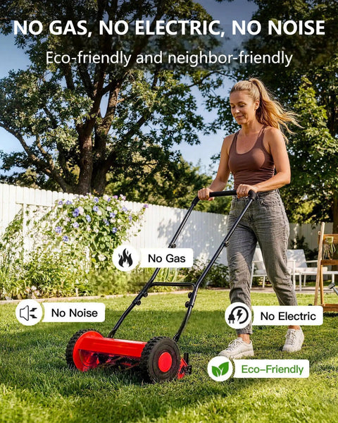 14 Inch Hand Push Reel Lawn Mower With A Five Blade Cutting Reel For A Clean Scissor Cut, No Fuss Manual Push, Adjustable Cutting Height From 0.4 To 4 Inches, Selectable 14 Or 16 Inch Width For Small Yards And Dry Grass, woman mowing lawn