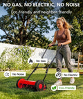 14 Inch Hand Push Reel Lawn Mower For Small To Medium Yards No Fuss Manual Cut With Precise Scissor Like Blades And Adjustable Height Settings For A Clean Healthy Lawn, woman pushing red steel reel mower on grass