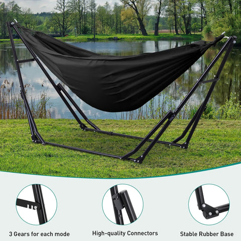 2 In 1 Hammock And Swing Chair With Foldable Stand Dope Portable Camping Gear For Outdoors by a lakeside
