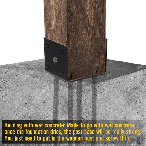 Fence Post Holder Ground Spike for Concrete Deck, 4x4 Post Base Anchor, steel black powder-coated, securing wood post to concrete.