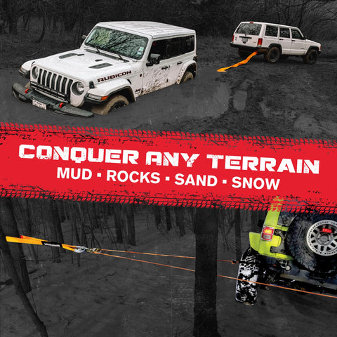 Jeep towing SUV with Beefy Off Road Recovery Shackles With Anti Theft Lock 80k Lbs Strength 40 Tons For Tow Strap Or Winch Line D Rings And Uber Lock Security Pin Red 2 Pack