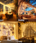 Warm White 300 LED Curtain Lights For Bedroom And Window Backdrop Indoor Outdoor Fairy String Lights For Christmas Holiday Parties showcased in backyard, wedding, dorm room, and party decor scenes.
