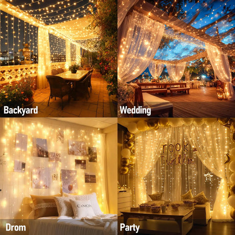 Warm White 300 LED Curtain Lights For Bedroom And Window Backdrop Indoor Outdoor Fairy String Lights For Christmas Holiday Parties showcased in backyard, wedding, dorm room, and party decor scenes.