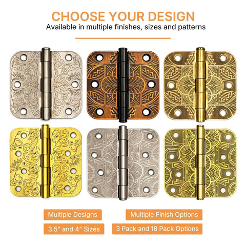 Top Shelf Floral Door Hinges 4 5/8 Inch Laser Etched Decorative Hardware For Interior Residential Doors with various designs.
