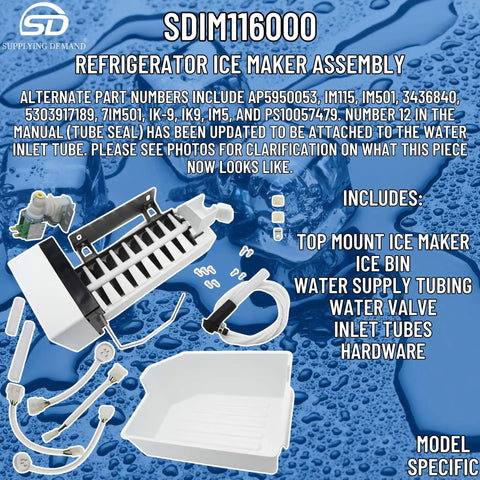 Model Specific Ice Maker Replacement Kit for Refrigerator IM116000 with parts and accessories displayed
