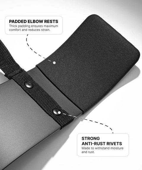 Close-up of arm blaster for biceps and triceps, deep isolation built for serious bodybuilding gains, padded elbow rests, anti-rust rivets.