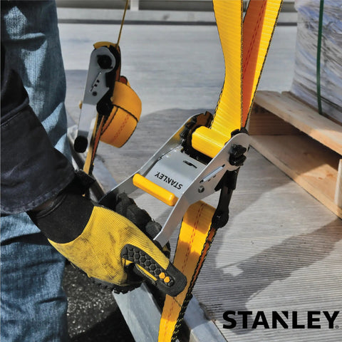 Close-up of Heavy Duty Ratchet Strap 2 X 27 Feet featuring tough steel and padded grip for secure hauling.