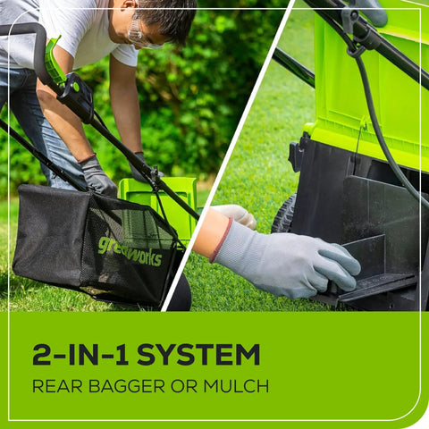 Person adjusting 24V 13 Inch Brushless Cordless Lawn Mower With 4.0Ah Battery And Charger, showing 2-in-1 mulch or bag system