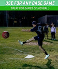 Man playing kickball using Baseball And Softball 5 Piece Base Set With Home Plate, Three Bases, And Pitching Rubber on grass field