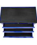 Top view of Industrial 3 Drawer Portable Metal Tool Chest Cabinet 26 Inch Heavy Duty Mid Size Steel Tool Storage Box, drawers open, blue.