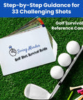 Golf Reference Cards 33 Step By Step Shots On Course Guide Waterproof PVC Sturdy Carabiner Left Handed Edition on green grass with golf club and balls