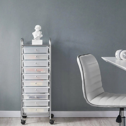 10 Drawer Rolling Storage Cart With Lockable 360 Degree Wheels, Multipurpose Mobile Organizer for home setup, white finish