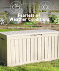 Outdoor Storage Deck Box 90 Gallon Waterproof Chest For Patio Cushions Garden Tools And Pool Gear With Lockable Lid And Side Handles Gray All Weather Durable Construction shown in backyard setting.