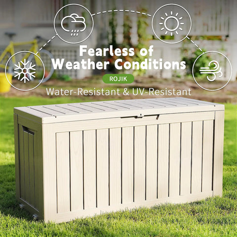 Outdoor Storage Deck Box 90 Gallon Waterproof Chest For Patio Cushions Garden Tools And Pool Gear With Lockable Lid And Side Handles Gray All Weather Durable Construction shown in backyard setting.