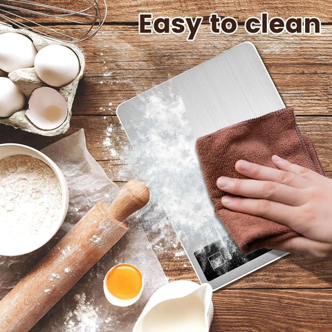 Hand cleaning Dope Digital Kitchen Scale with USB charging, waterproof stainless steel surface, precise 0.1oz to 33lb range, LCD readout.