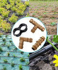 Collage showing Drip Irrigation Fittings Kit Half Inch Tubing Set with 36 Pieces including 9 tees, couplings, elbows, and end caps in garden use.