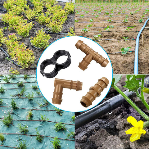 Collage showing Drip Irrigation Fittings Kit Half Inch Tubing Set with 36 Pieces including 9 tees, couplings, elbows, and end caps in garden use.