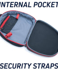Open scuba regulator gear bag showing internal pocket and security straps with hybrid ultra-protection pro-grade molded EVA foam hard shell lid