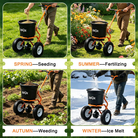 Image of Heavy Duty Walk Behind Broadcast Spreader for fertilizer, seed, and salt, shown in spring, summer, autumn, and winter use.