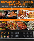 8 smart preset modes on Bakers Friend 6-in-1 Indoor Grill And Electric Griddle Combo with icons for food types and control panel.