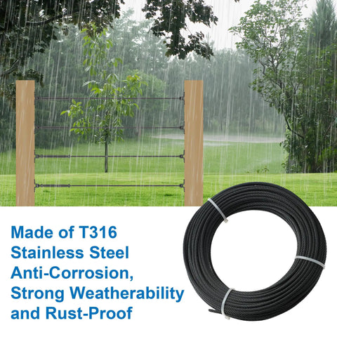 50 Feet One-Eighth Inch Black Heavy-Duty T316 Stainless Steel Cable Wire Rope Aircraft Cable Railing System Deck Cable Railing Hardware 7x7 Strand Indoor Outdoor DIY Balustrade String shown in wet outdoor setting with roll of cable.