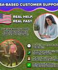 Image highlighting USA-based customer support with woman on laptop, American flag, and woman inspecting outdoor playhouse.