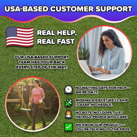 Image highlighting USA-based customer support with woman on laptop, American flag, and woman inspecting outdoor playhouse.
